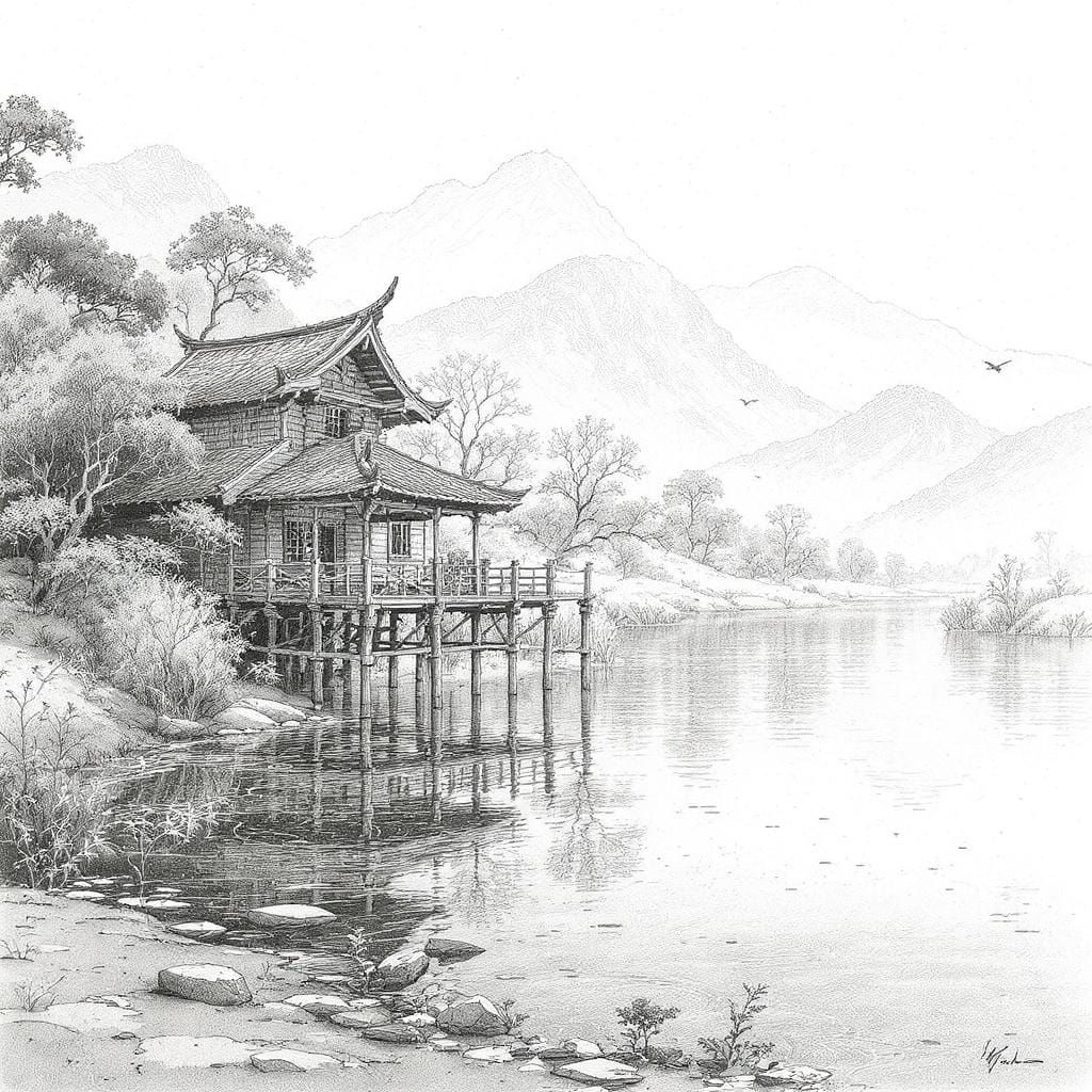 Tranquil Stilt House by River: Fine Line Art
