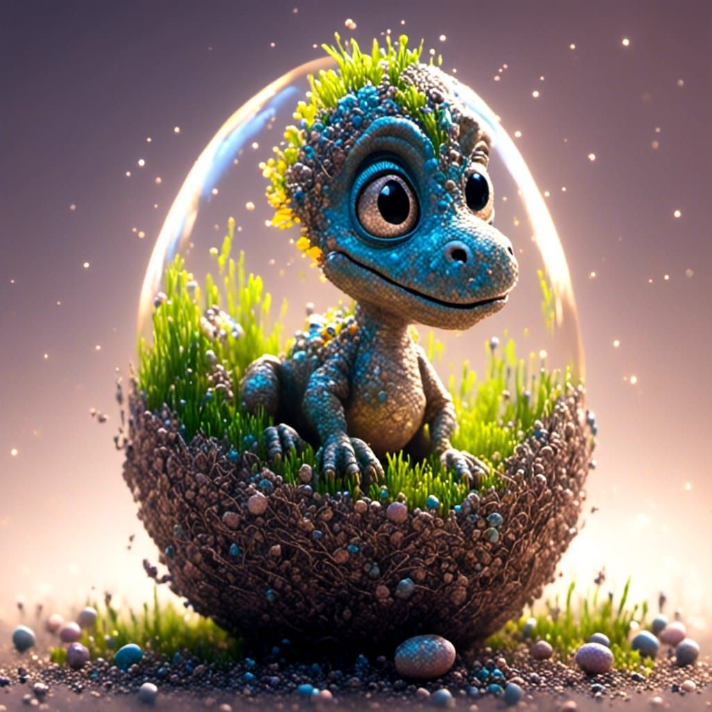 Cute Chibi Dinosaur Hatching: Hyperrealism Digital Art