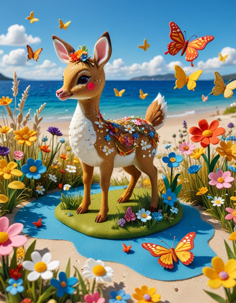 Felt Art Bambi on Decorated Beach Holidays