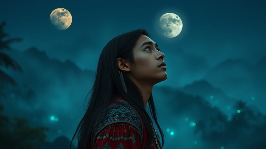 Bioluminescent Dream: Native American Man in Fantasy Rainfor...