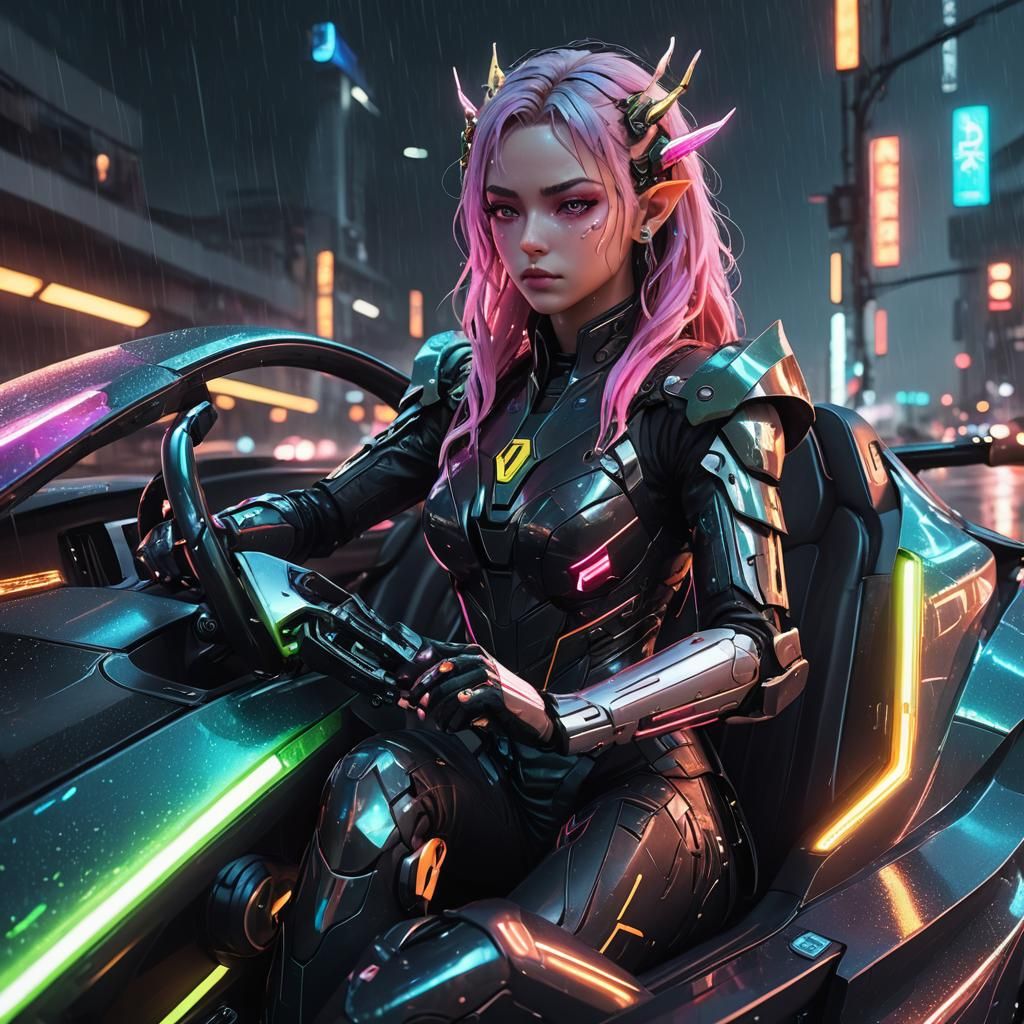 Cyberpunk Elf Drives Neon Sports Car in Rain