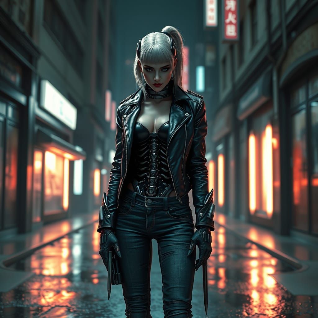 Female Cyborg Assassin in Neon-Lit Urban Alleyway