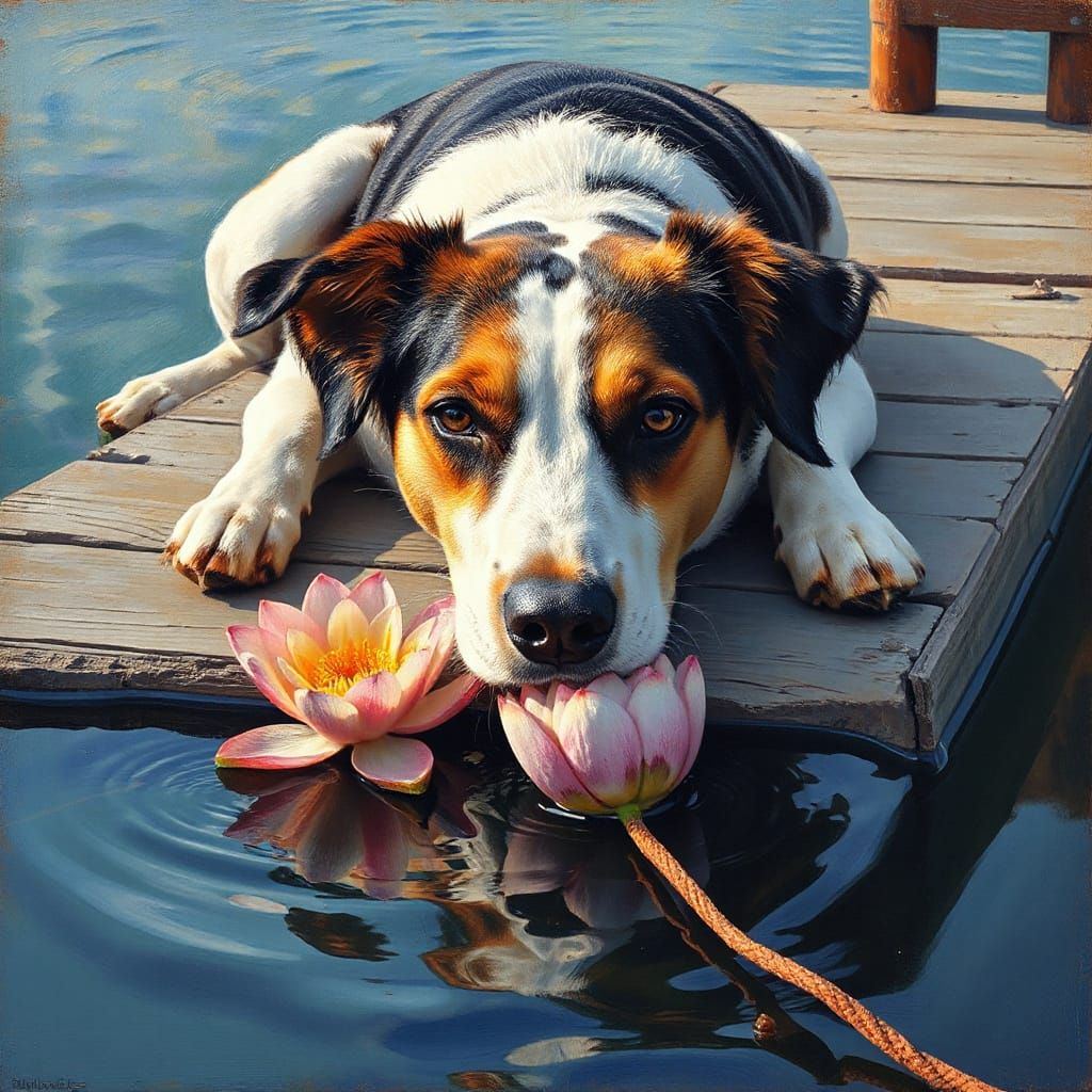 Abstract Dog Reaches for Lotus on Water as Painting