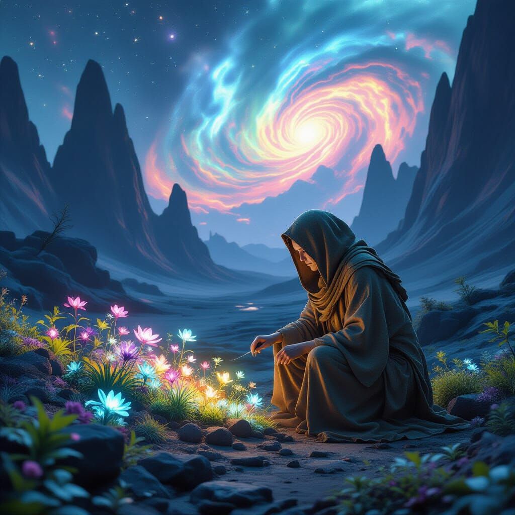 Old Woman Tends Alien Garden Under Nebula