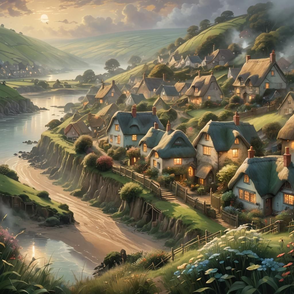 Ethereal Village in Mystical Mist: Dreamy Digital Art