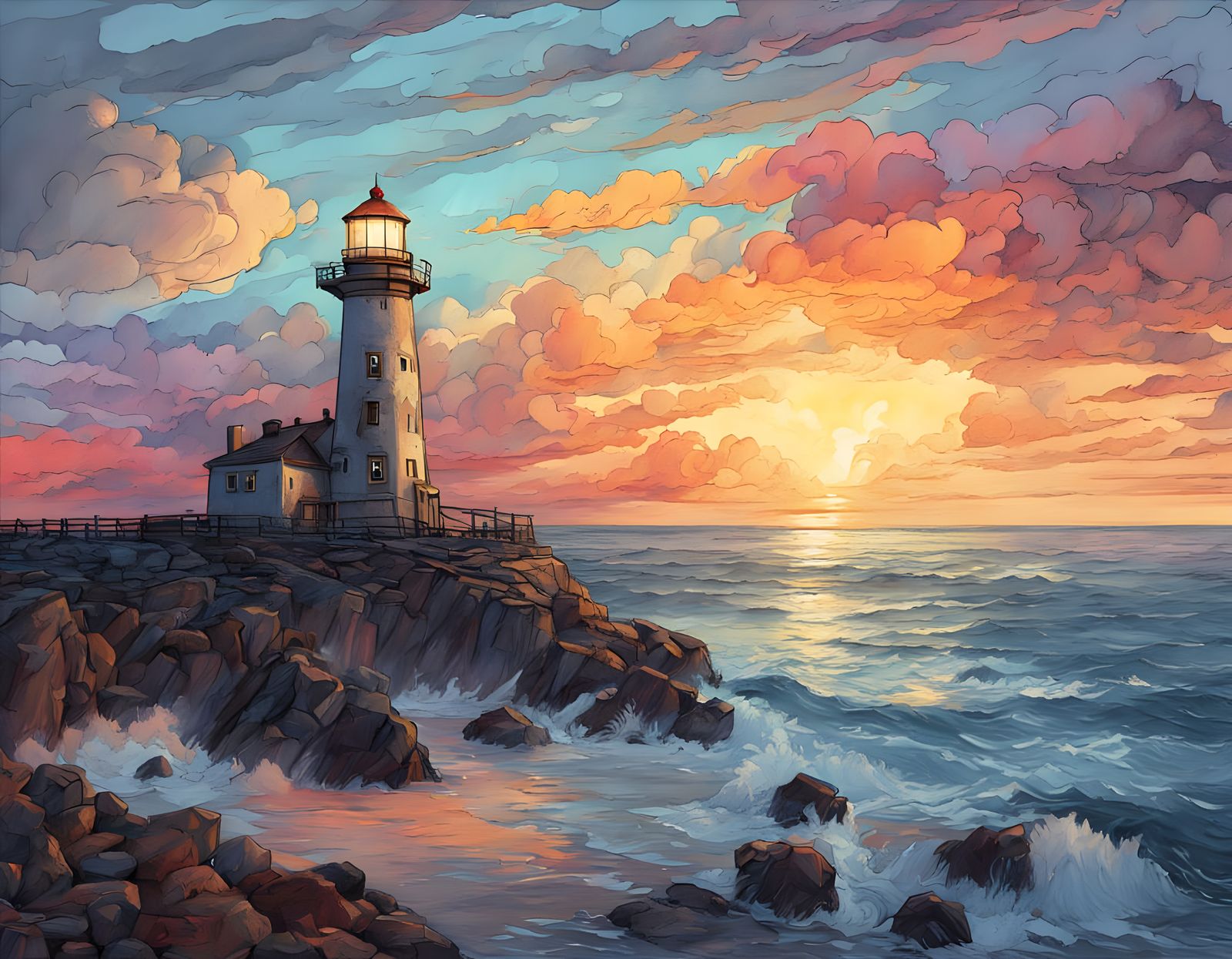 Lighthouse Crayon Sketch on Rocky Shore at Sunset