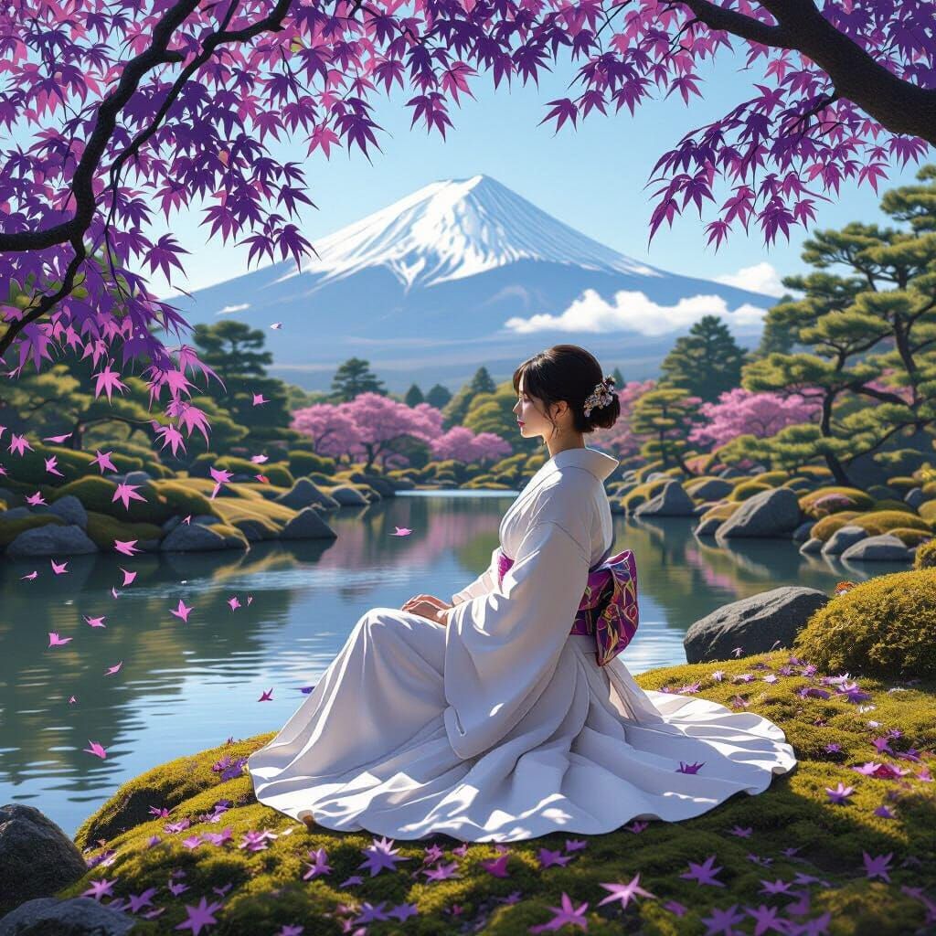 Serene Japanese Garden with Woman and Mountain