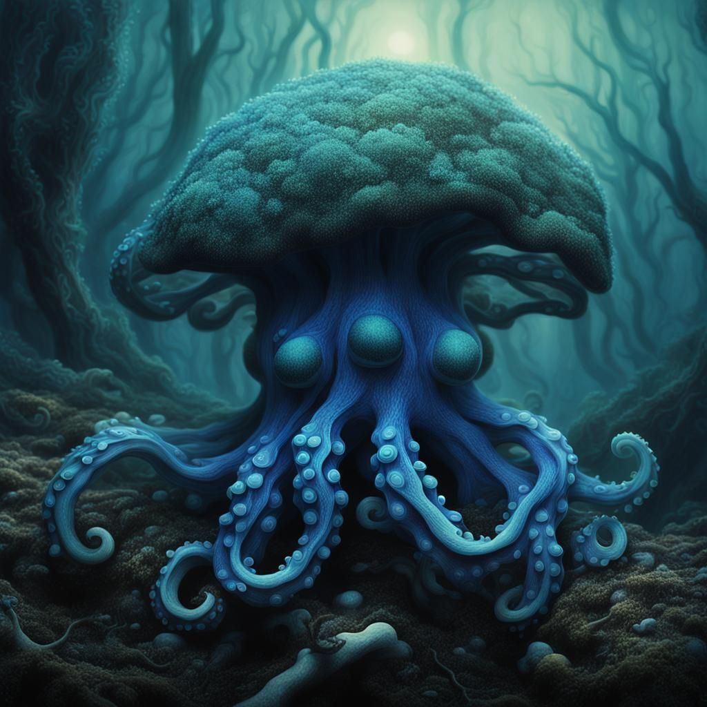 Blue Octopus Shape-Shifting into Mushroom: Surreal Close-Up
