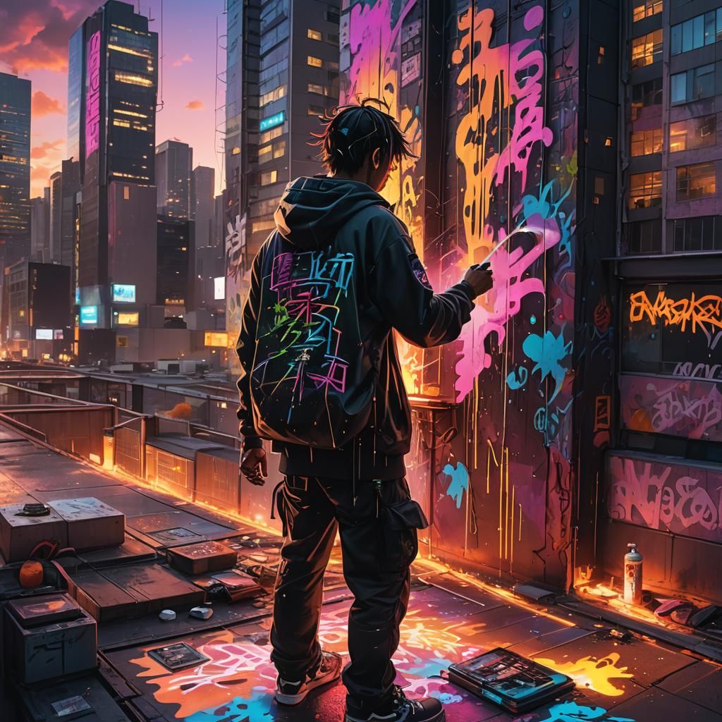 Neon Cityscape Mural on Skyscraper at Sunset