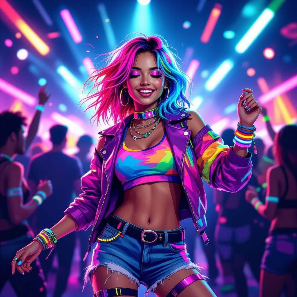 Girl Dancing at Neon Rave Party in Futuristic Style