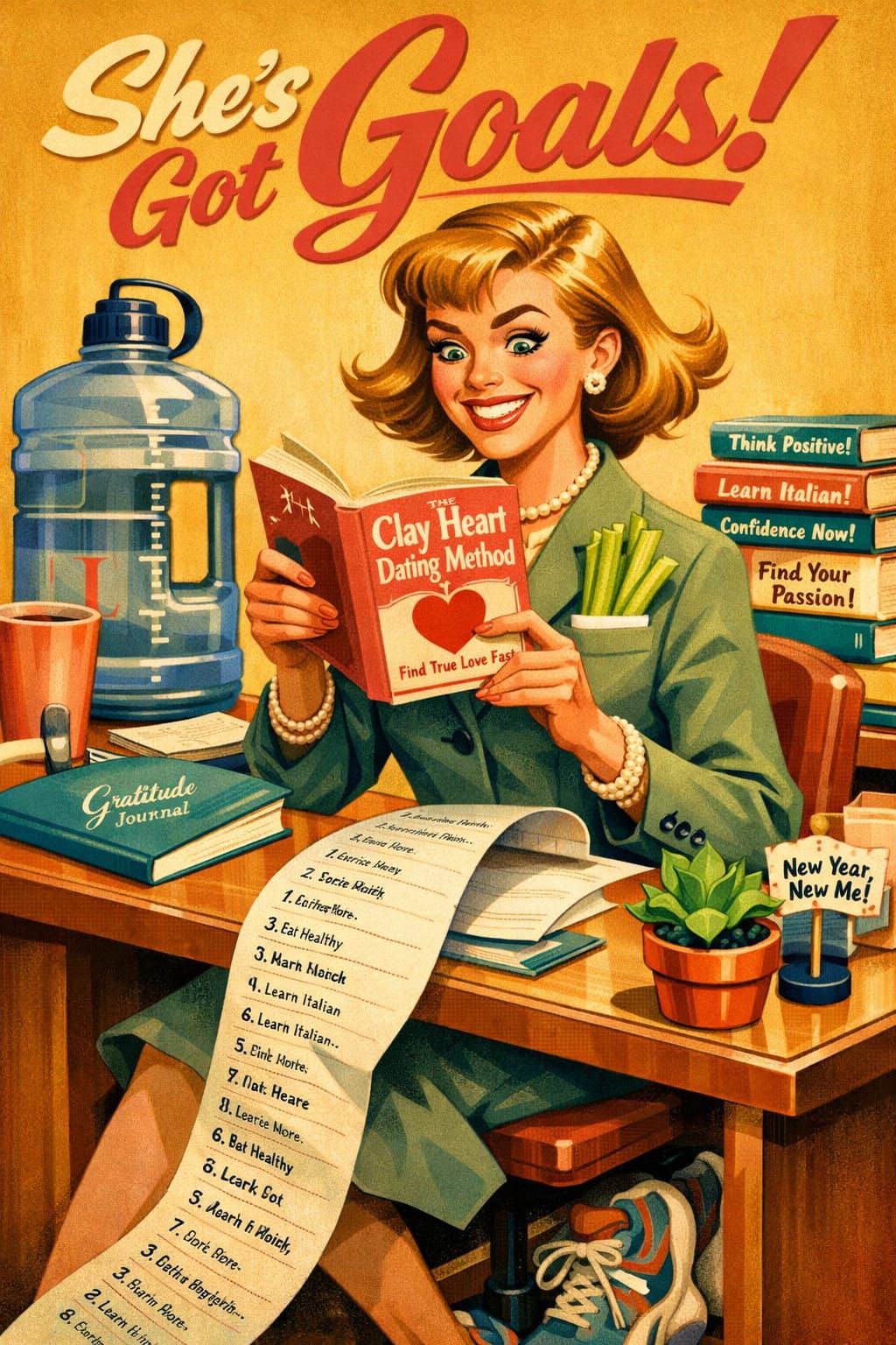 Optimistic Secretary Reading 'The Clay Heart' in Retro Offic...