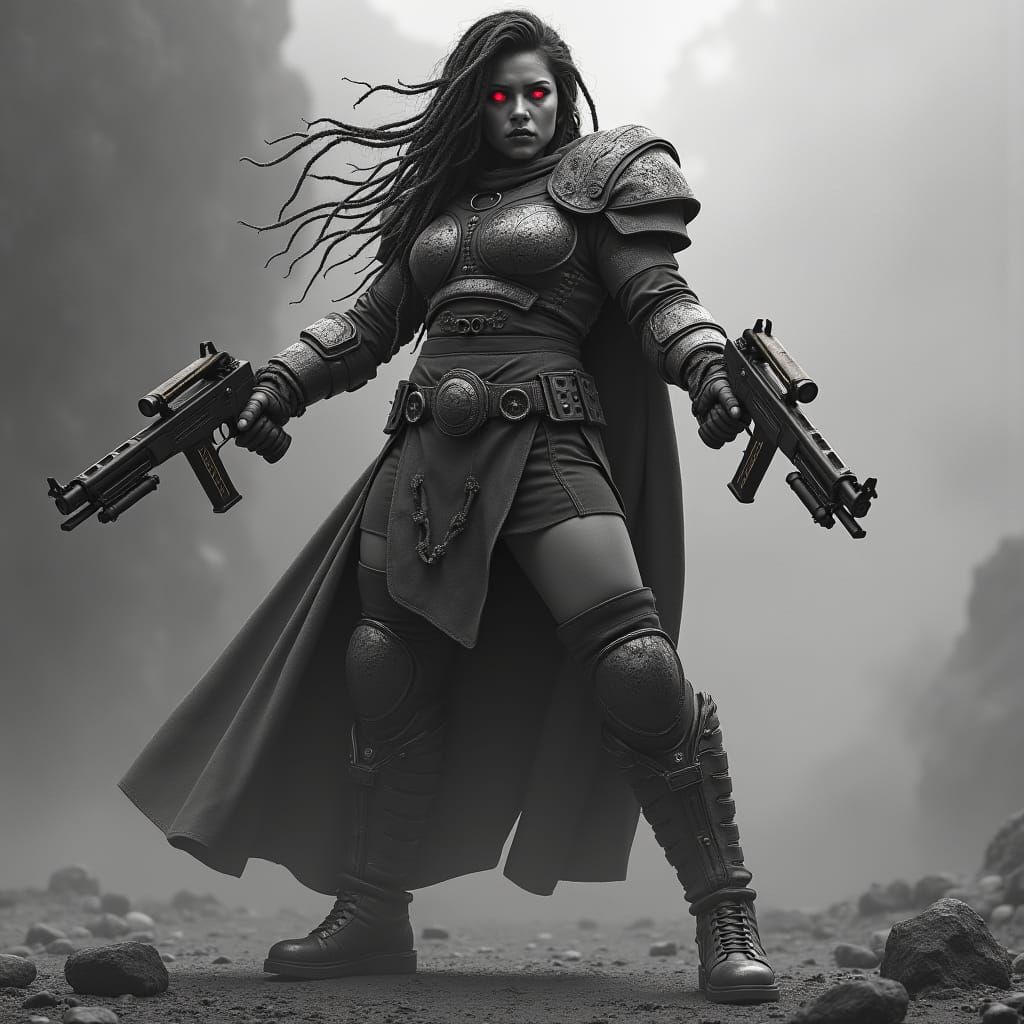 Latina Warrior in Bio-Boosted Armor: Black and White Sci-Fi