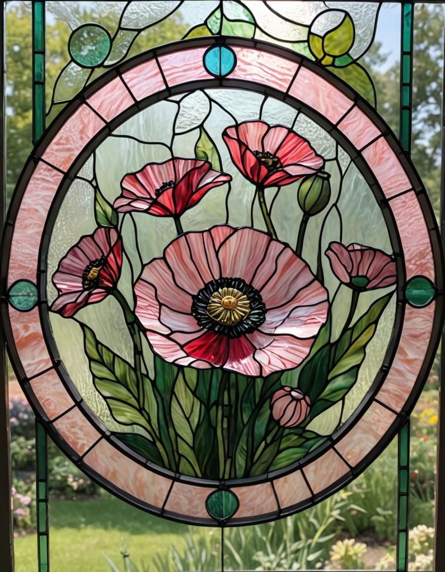 Pink Poppy in Stained Glass Art with Ornate Frame