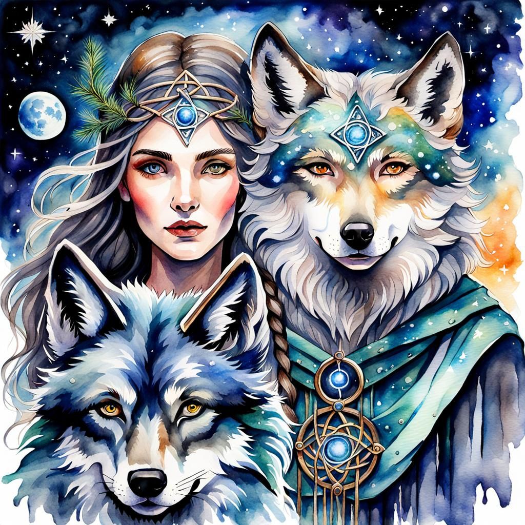 Cosmic Watercolor: Wolf Goddess in Celtic Fantasy Art