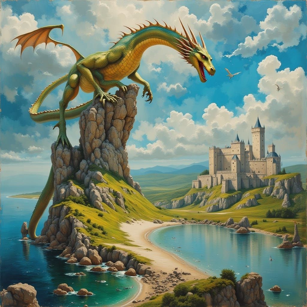 Dragon Soaring Over Coastal Fortress Oil Painting