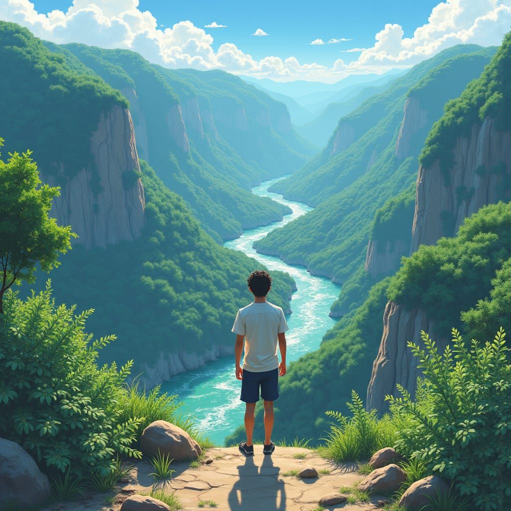 Man Admiring Nature in Anime-Inspired Landscape