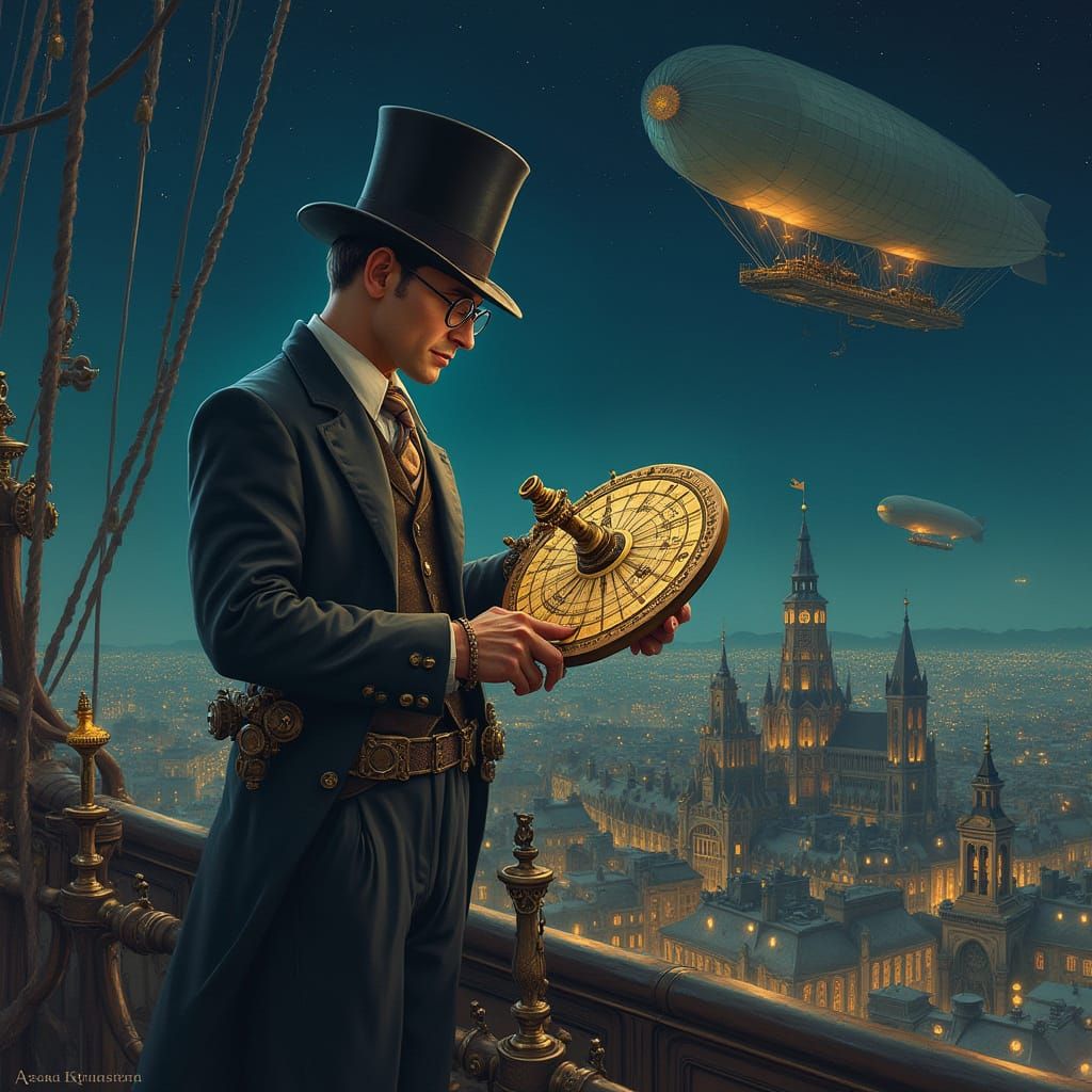 Steampunk Gentleman on Dirigible Deck with Astrolabe