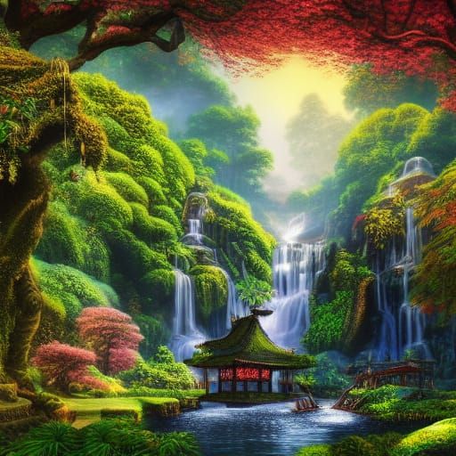 Lush Temple Gardens with Waterfalls in Matte Painting