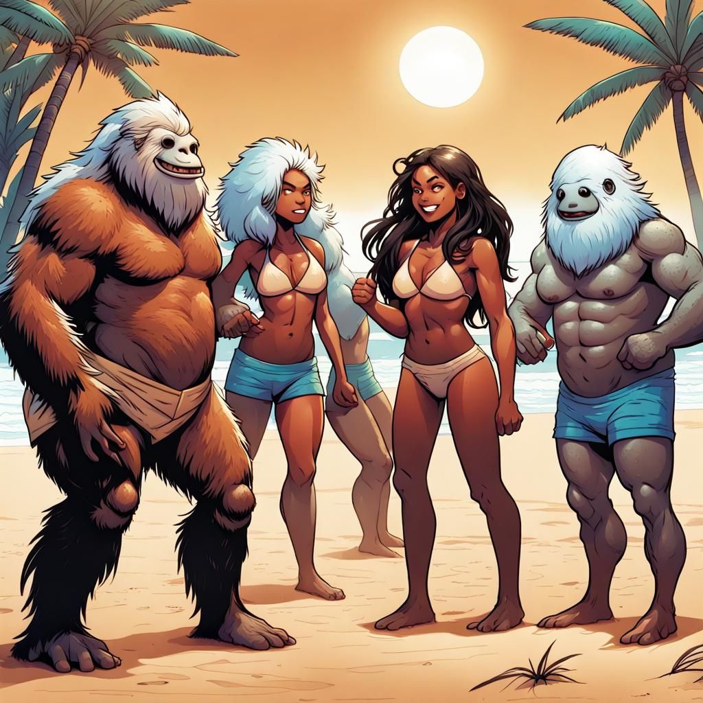Yetis Play Beach Volleyball: Comic Book Art