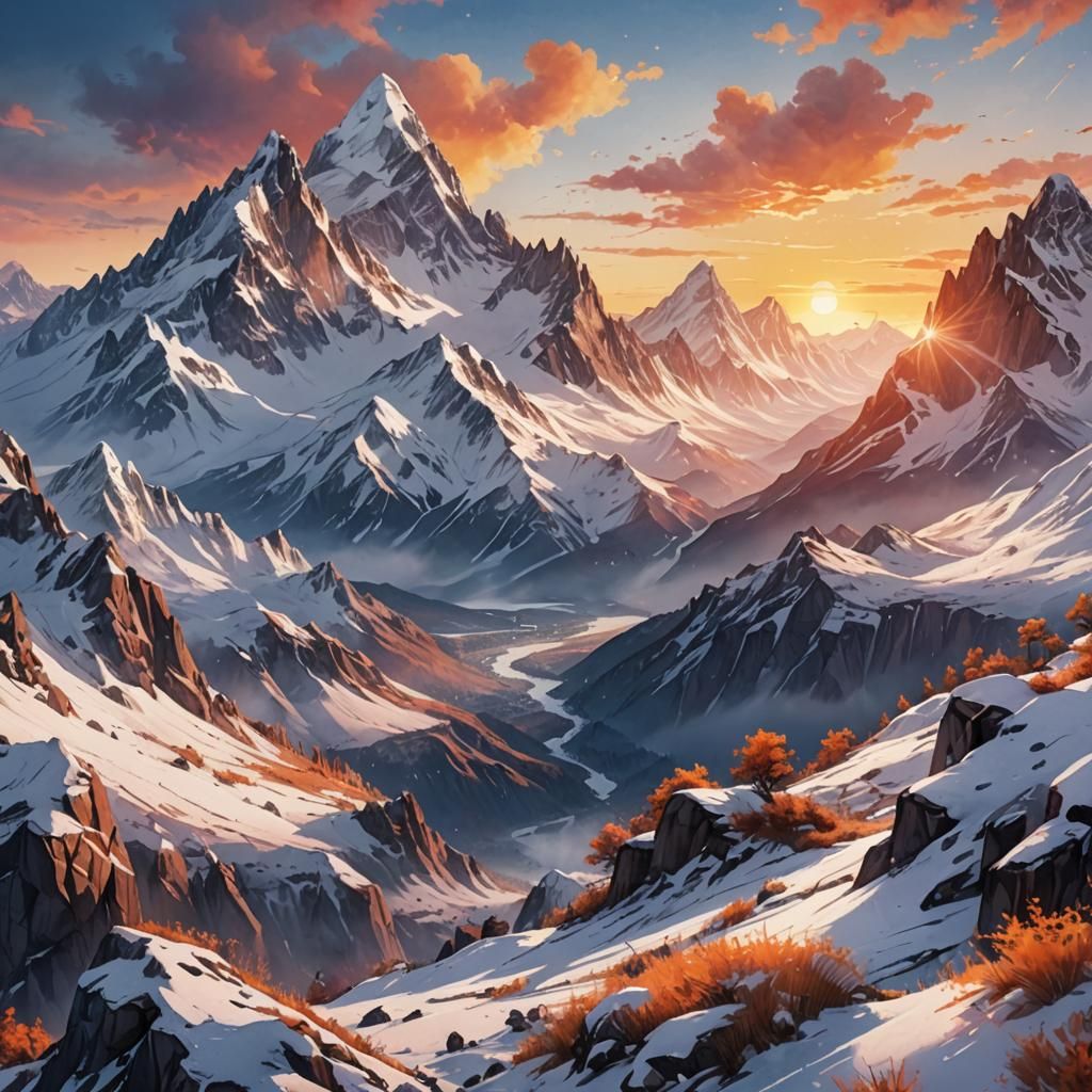 Watercolor Sunrise Over Snow Mountains: Detailed Matte Paint...