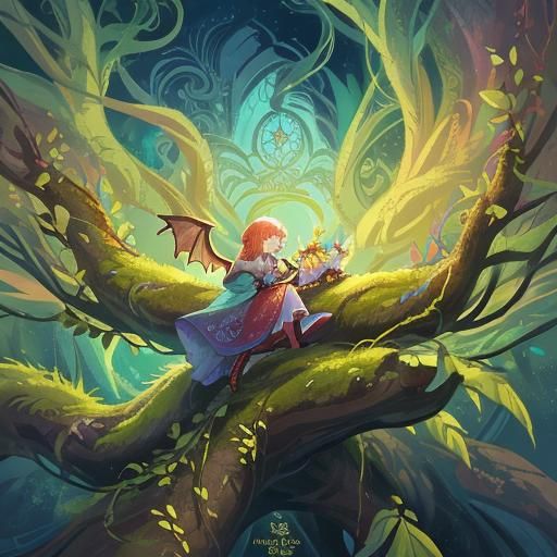 Dragon Girl in Lush Fantasy Art Nouveau Scene