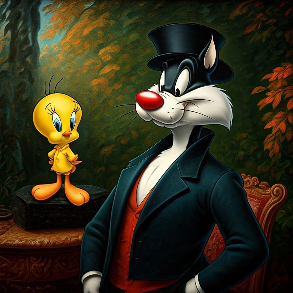 Tweety and Sylvester in Whimsical Impressionist Brushstrokes