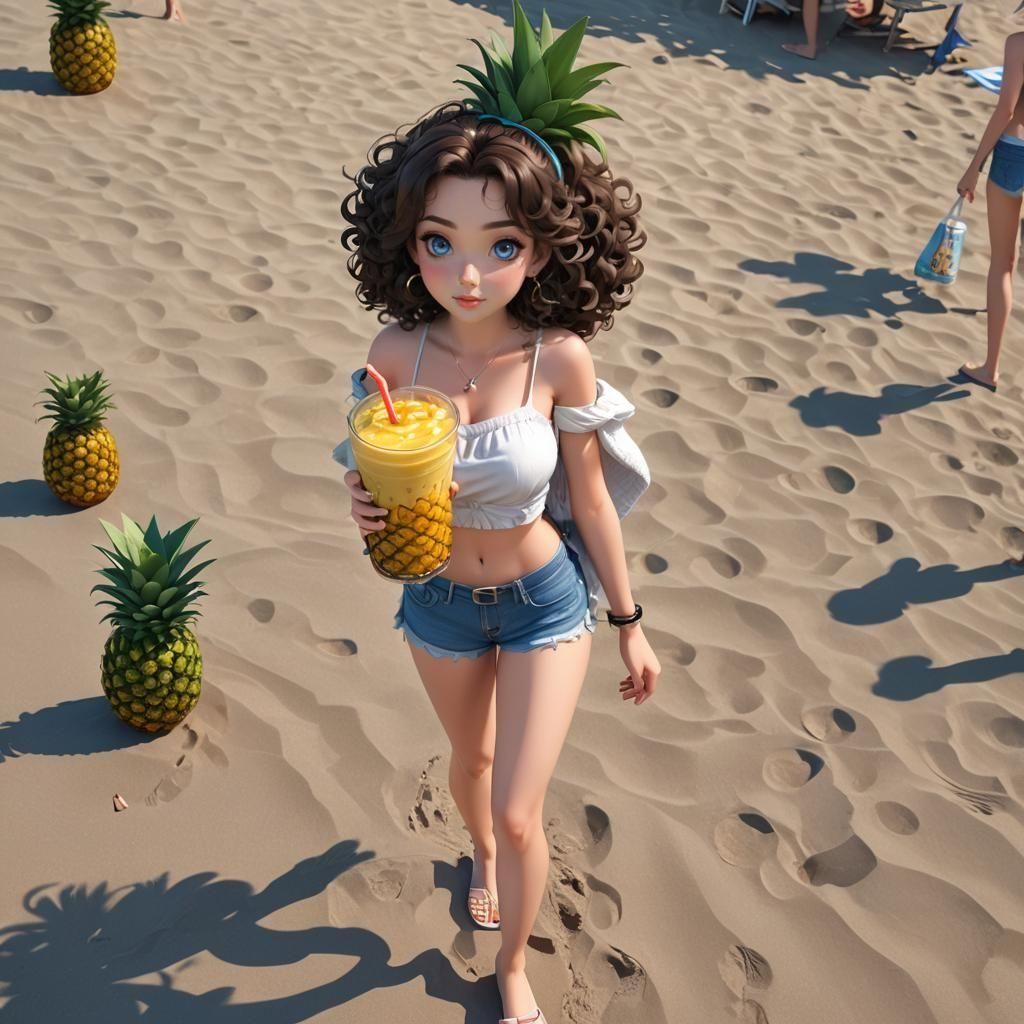 Anime Girl with Smoothie on Crowded Beach