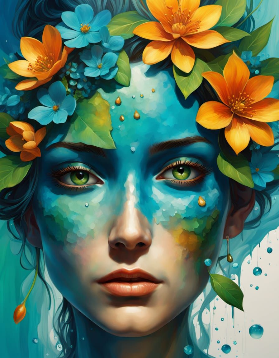 Surrealist Oil Painting of a Serene Woman in Blooming Floral...