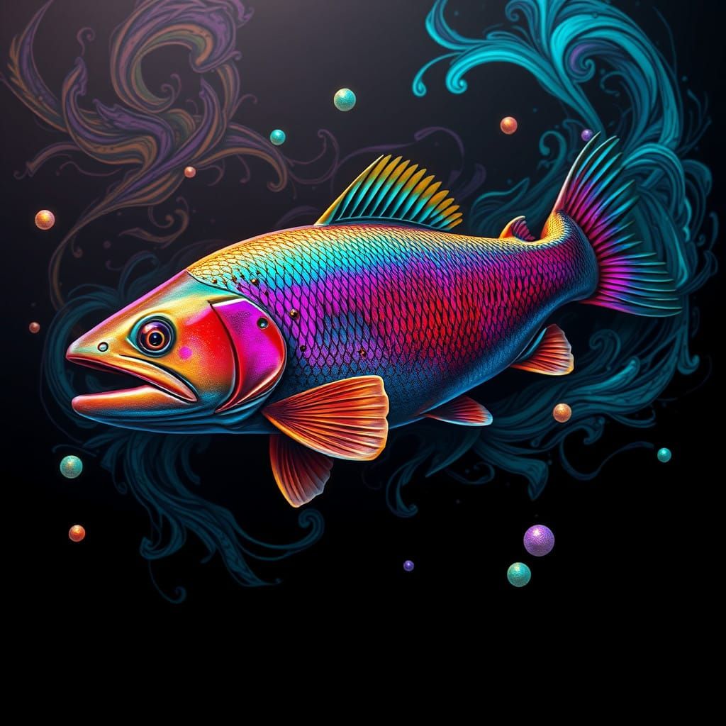 Vibrant Brown Trout amidst Psychedelic Graffiti and Futurist...