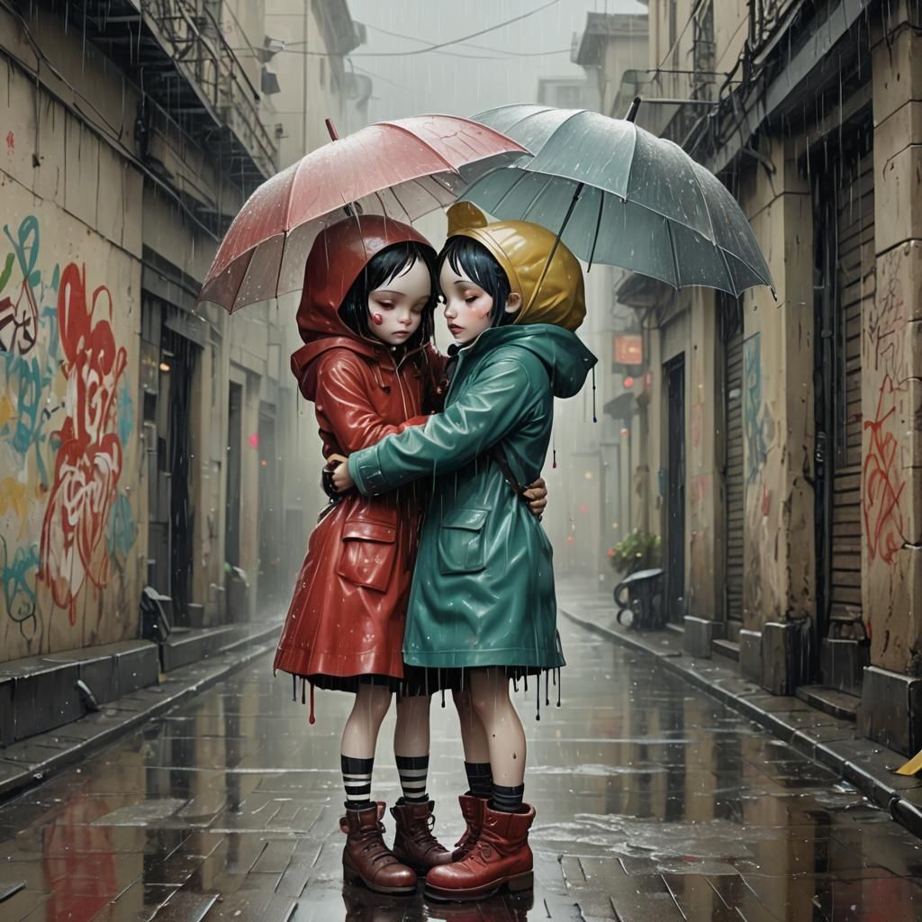 Couple's Rainy Embrace in Graffiti Art Style