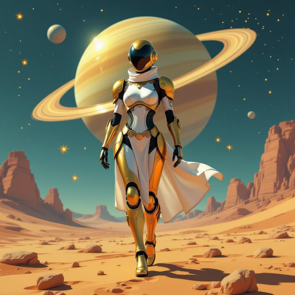 Robot Woman Lands on Golden Moon in Retro-Futuristic Style