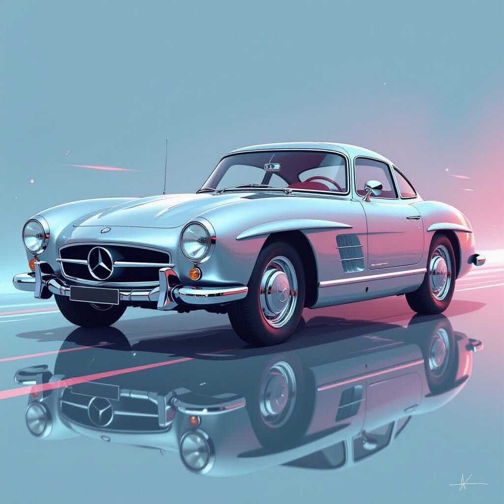 Polished Silver Mercedes 300 SL in Splash Art Style