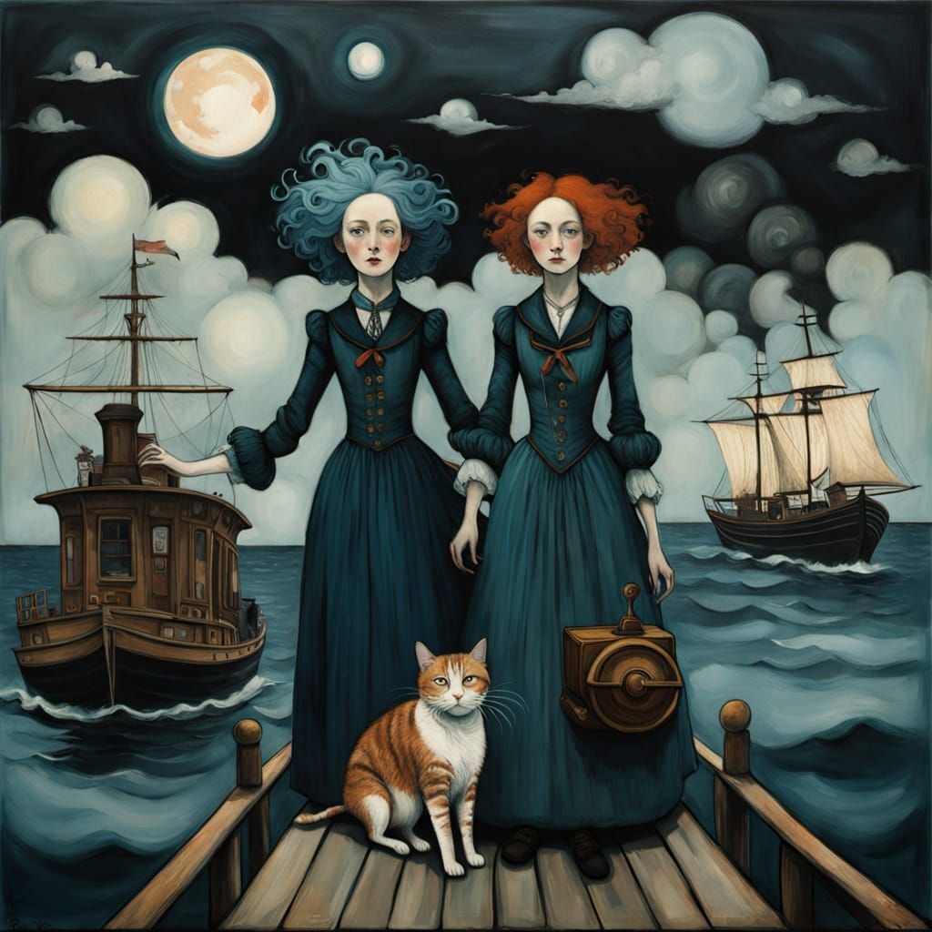 Sinister Couple Embrace Before Voyage, Painted Art