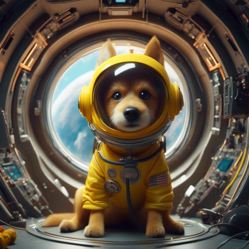 Retro-Futuristic Dog Cosmonaut Playing Video Games