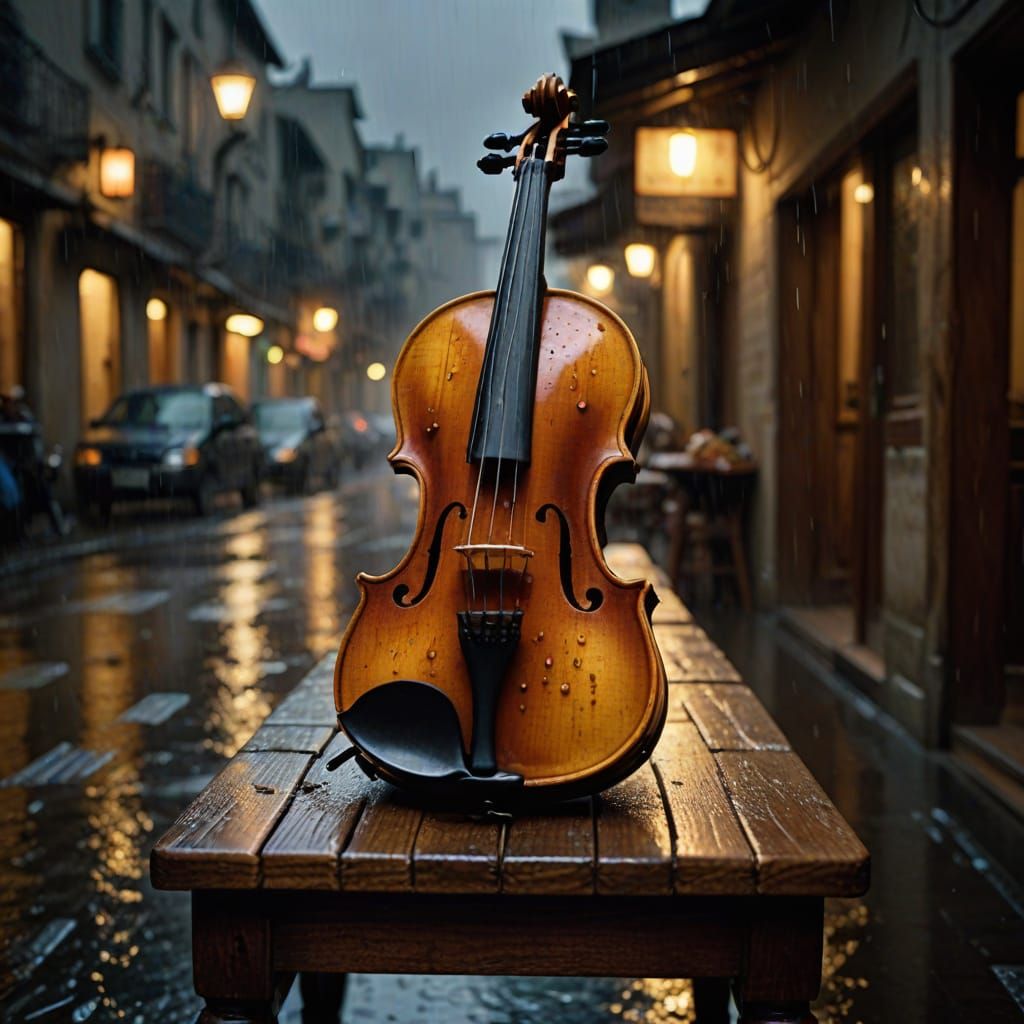 Glowing Musical Notes on Violin in Rain