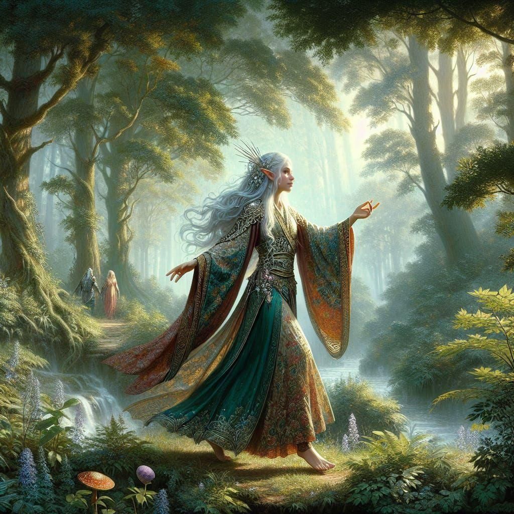 Elven Princess in Forest, Romantic Oil Painting