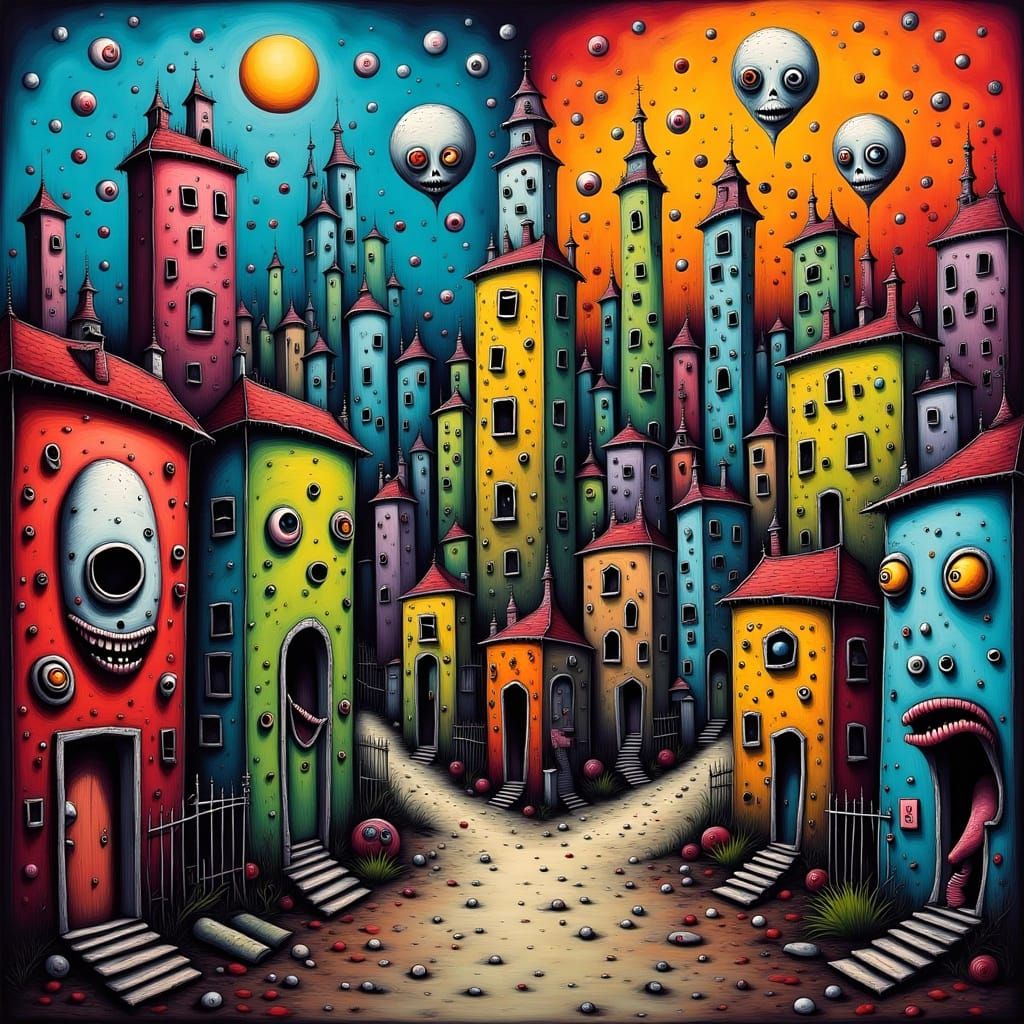 Vibrant Expressionist Cityscape with Whimsical, Distorted La...
