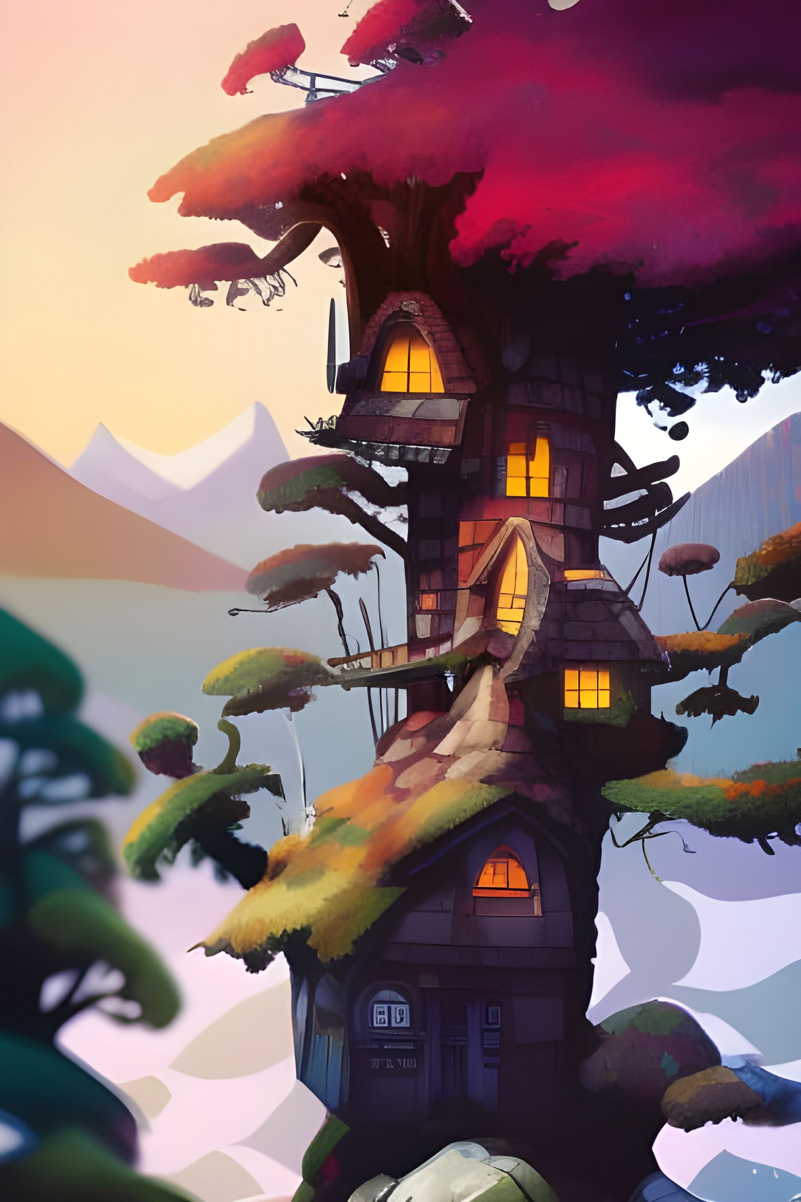 Cottage on Mountain Lake: Colorful Digital Illustration