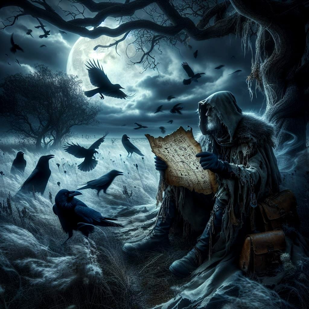 Mysterious Wanderer Amidst a Haunting Landscape