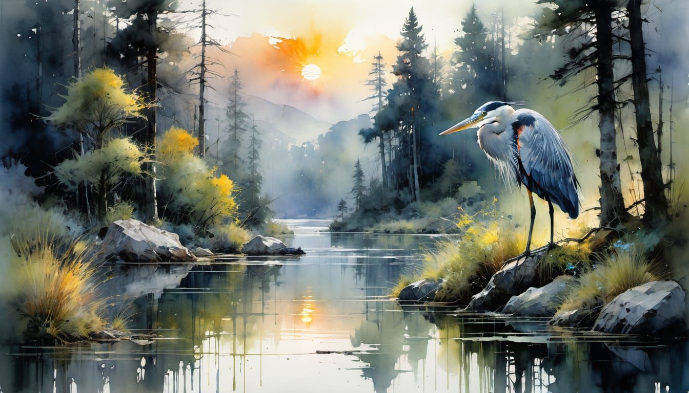 Watercolor Great Blue Heron in Dramatic Sunset Forest Landsc...