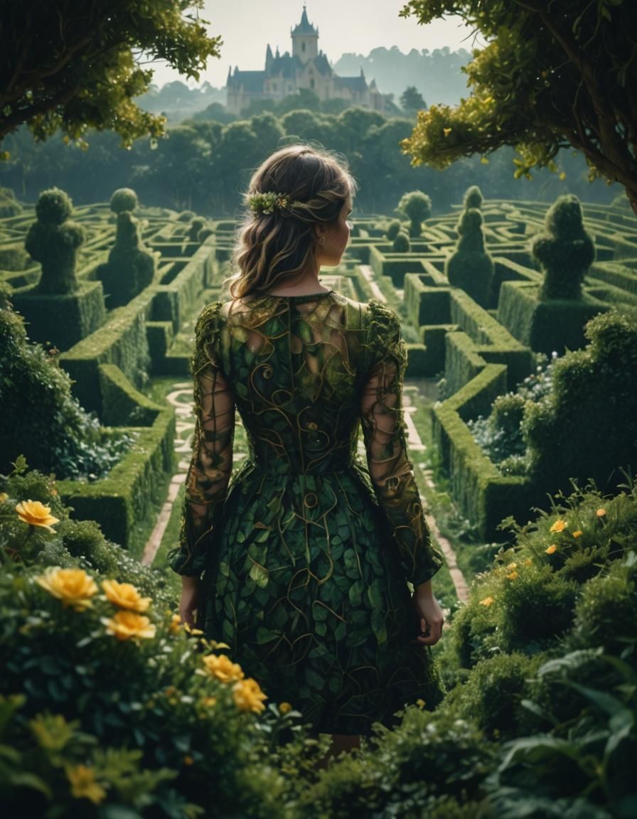 Girl Before Hedge Maze in Alcohol Ink Style