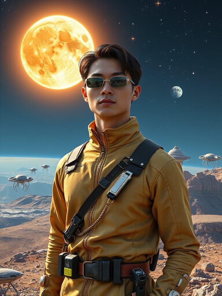 Chiseled Hero in Futuristic Outfit Stands Before Gliese 667 ...