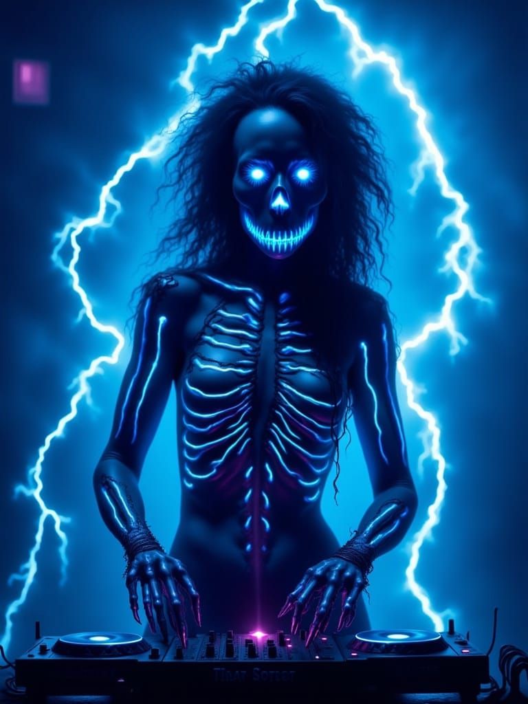 Skeleton DJ Woman in Electric Blue Lightning Storm
