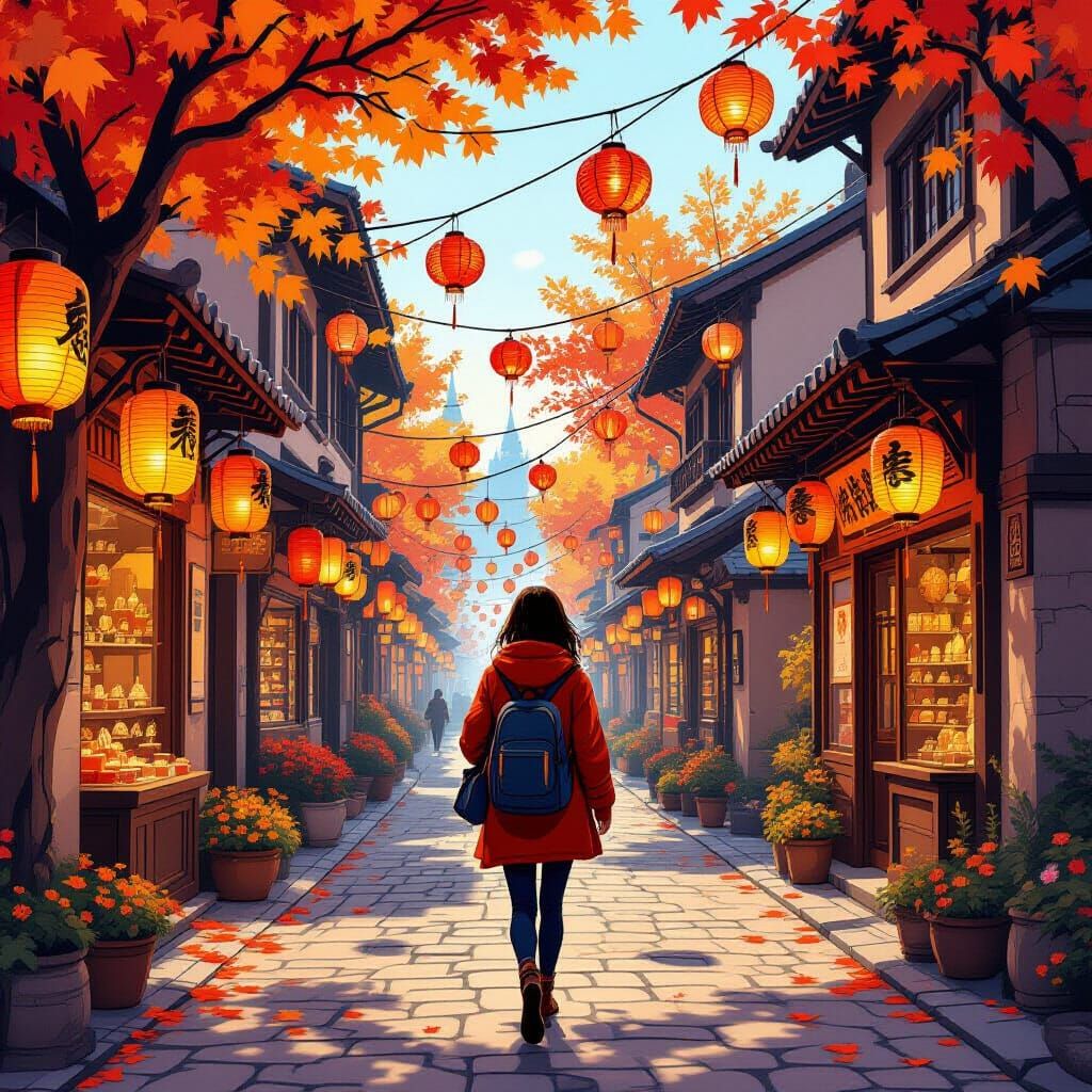 Whimsical Fall Village Street with Floating Lanterns