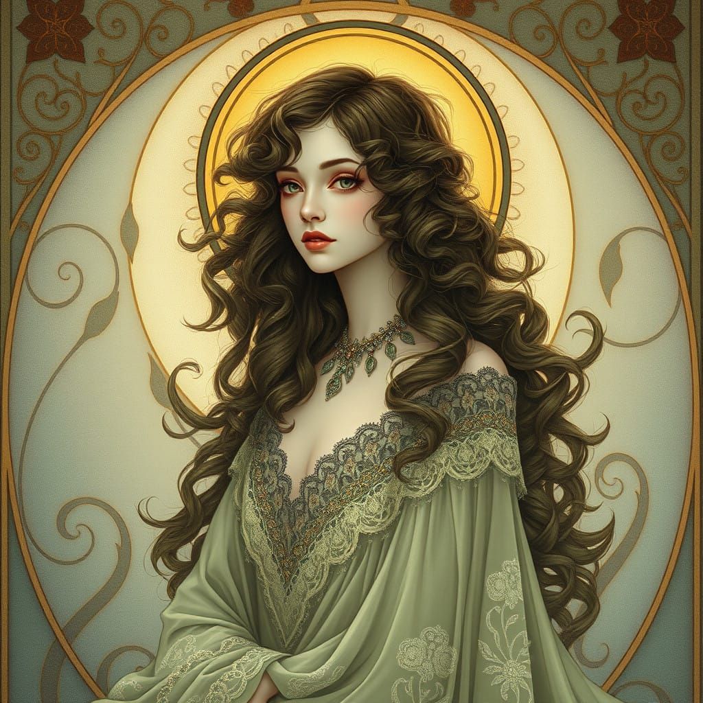 Enchanted Art Nouveau Witch Portrait in Elegant Curves