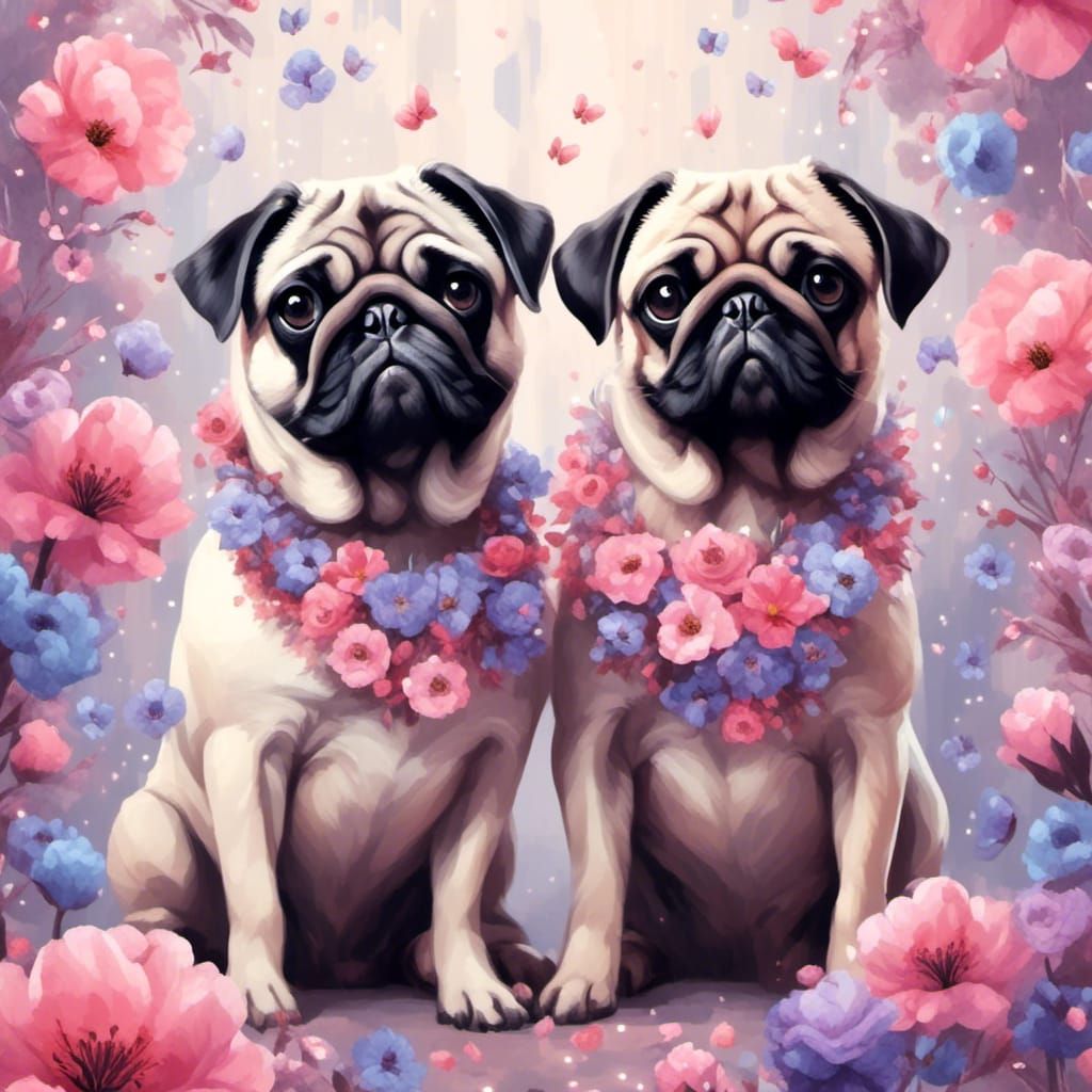 Two Pugs Surrounded by Pastel Flowers