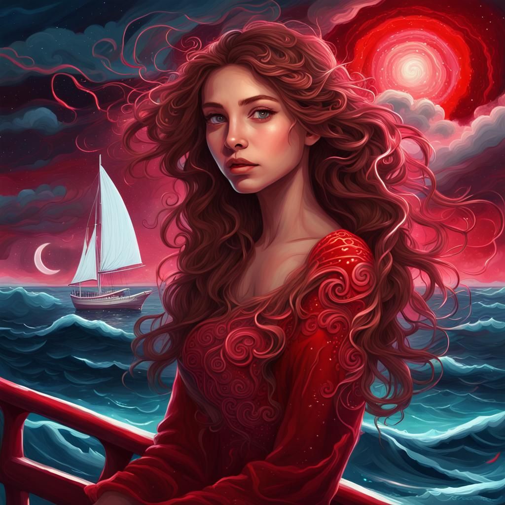 Luminescent Girl in Galaxy Above Scarlet Sea