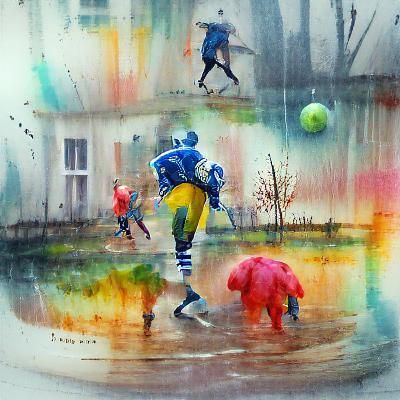 Football in the Rain: Colourful Watercolor Art