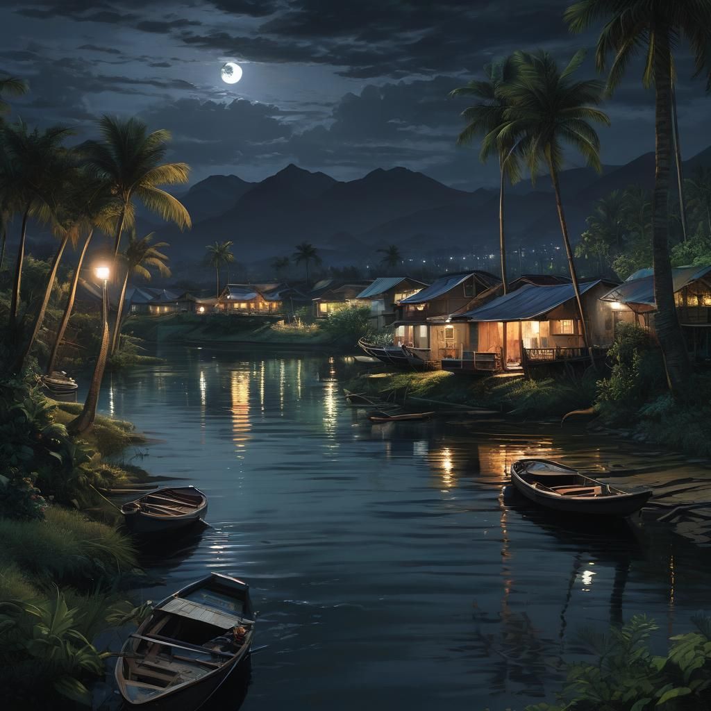 Moonlit River Landscape with Boats