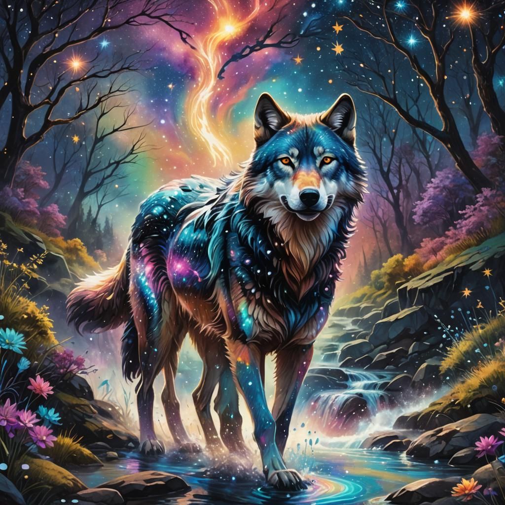 Cosmic Galaxy Wolf Pack in Astral Stream